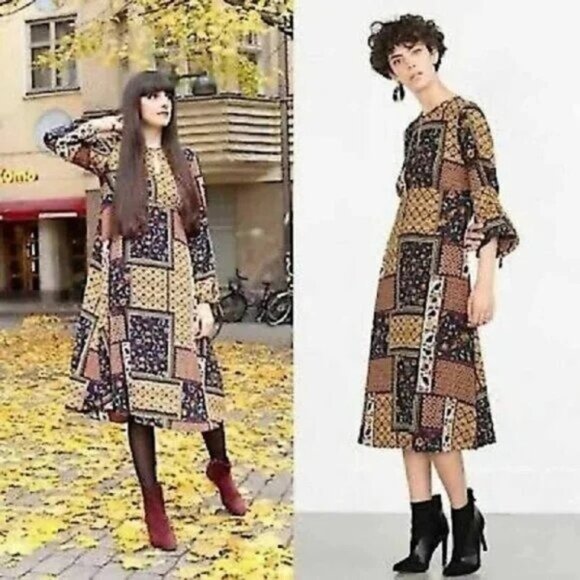 Zara Basic Patchwork Printed Midi Dress With Quarter Sleeves & Tie Details - Picture 1 of 13